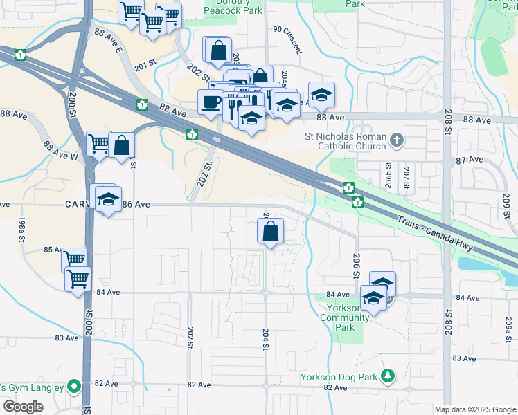 map of restaurants, bars, coffee shops, grocery stores, and more near in Langley Township