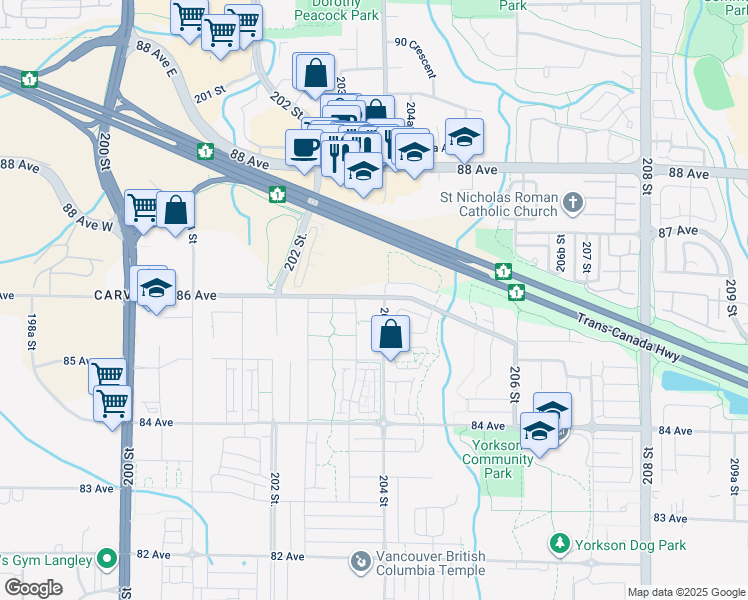 map of restaurants, bars, coffee shops, grocery stores, and more near 20376 86 Avenue in Langley Township