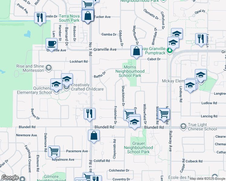 map of restaurants, bars, coffee shops, grocery stores, and more near 7651 Frobisher Drive in Richmond
