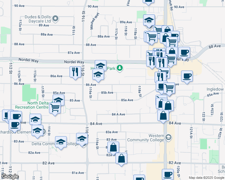 map of restaurants, bars, coffee shops, grocery stores, and more near 11729 85B Avenue in Delta
