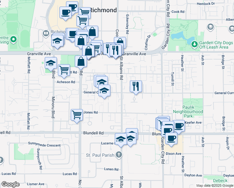map of restaurants, bars, coffee shops, grocery stores, and more near 8380 General Currie Road in Richmond