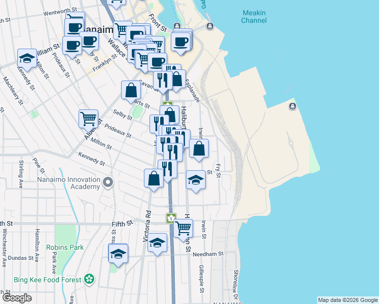 map of restaurants, bars, coffee shops, grocery stores, and more near 119 Haliburton Street in Nanaimo