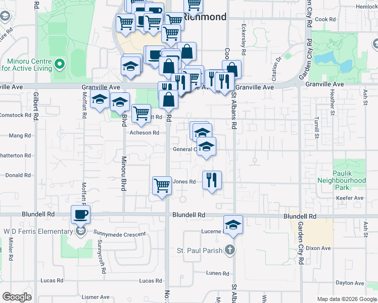 map of restaurants, bars, coffee shops, grocery stores, and more near 8120 General Currie Road in Richmond