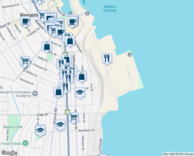 map of restaurants, bars, coffee shops, grocery stores, and more near 104 Esplanade in Nanaimo