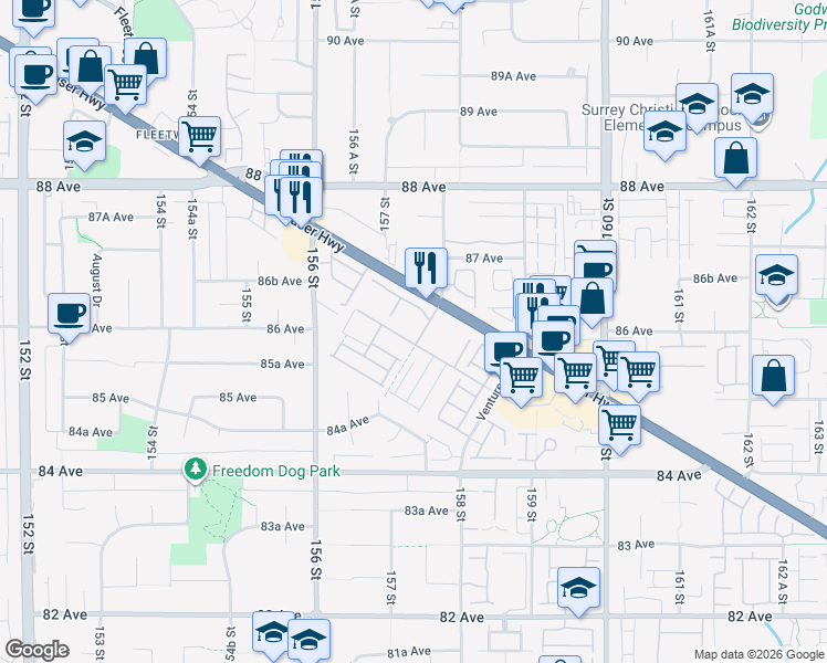 map of restaurants, bars, coffee shops, grocery stores, and more near 8509 158 Street in Surrey