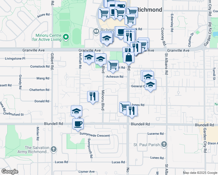map of restaurants, bars, coffee shops, grocery stores, and more near 7400 Minoru Boulevard in Richmond