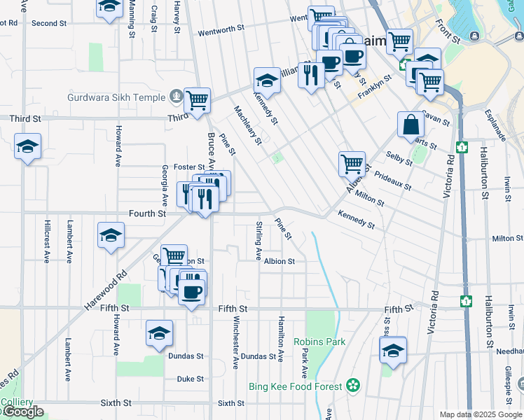 map of restaurants, bars, coffee shops, grocery stores, and more near 8 Fourth Street in Nanaimo
