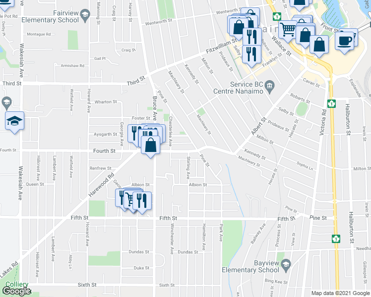map of restaurants, bars, coffee shops, grocery stores, and more near 16 Fourth Street in Nanaimo