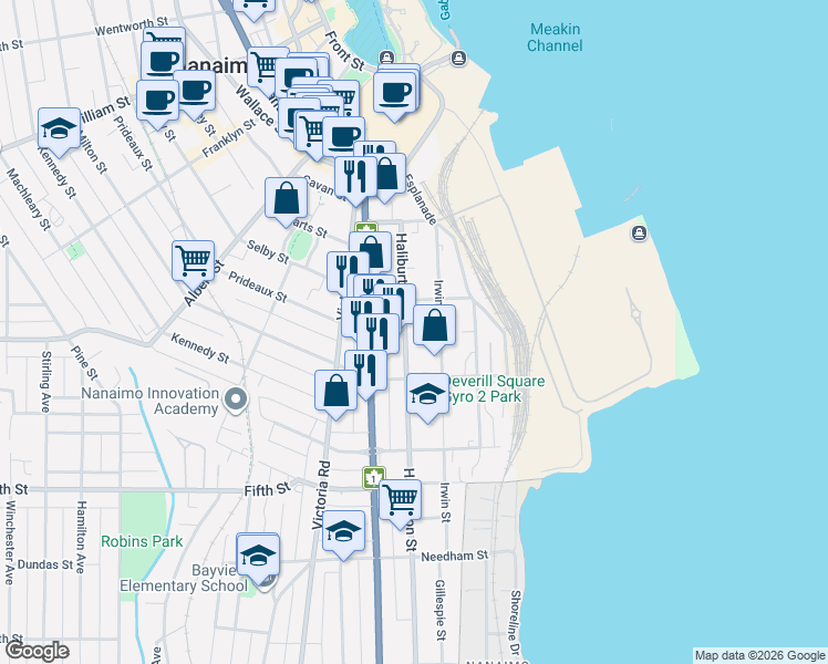map of restaurants, bars, coffee shops, grocery stores, and more near 119 Haliburton Street in Nanaimo