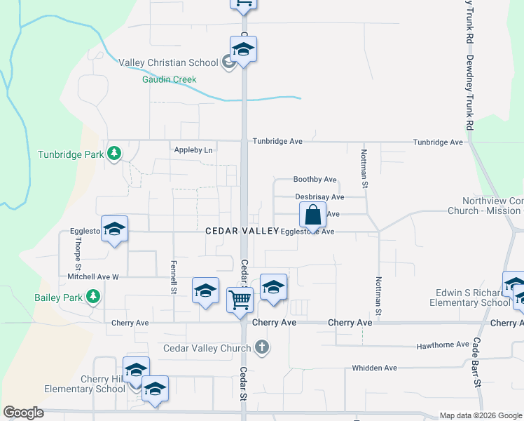 map of restaurants, bars, coffee shops, grocery stores, and more near 8669 Henderson Street in Mission