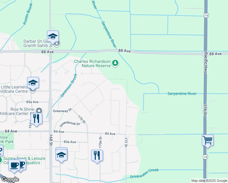 map of restaurants, bars, coffee shops, grocery stores, and more near 17120 85A Avenue in Surrey