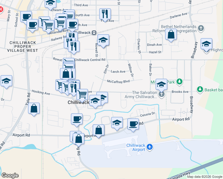 map of restaurants, bars, coffee shops, grocery stores, and more near 46169 Brooks Avenue in Chilliwack
