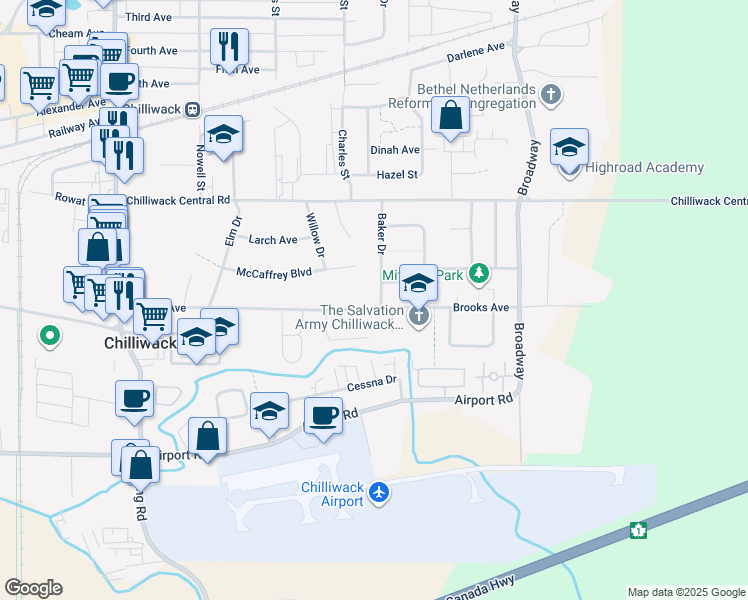 map of restaurants, bars, coffee shops, grocery stores, and more near 8645 Baker Drive in Chilliwack