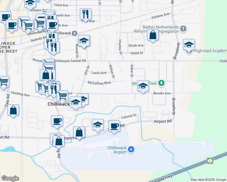 map of restaurants, bars, coffee shops, grocery stores, and more near 46267 Brooks Avenue in Chilliwack