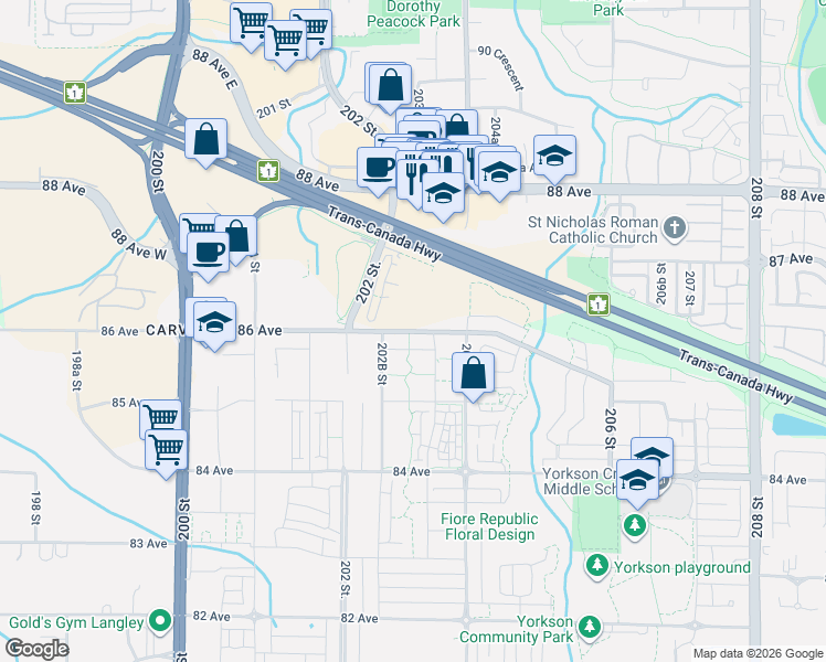 map of restaurants, bars, coffee shops, grocery stores, and more near 20325 86 Avenue in Langley Township