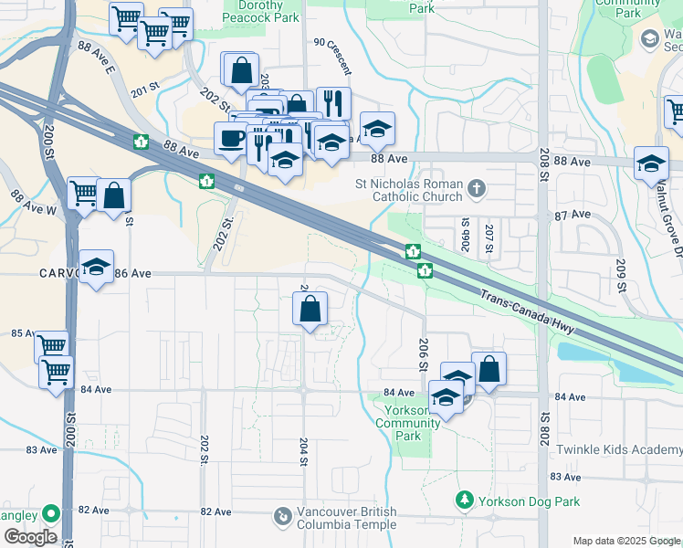 map of restaurants, bars, coffee shops, grocery stores, and more near 20483 86 Avenue in Langley