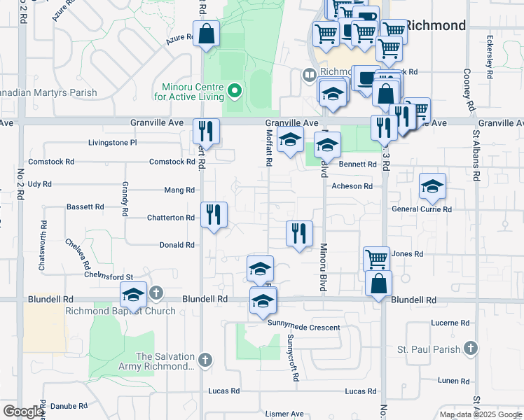 map of restaurants, bars, coffee shops, grocery stores, and more near 7391 Moffatt Road in Richmond