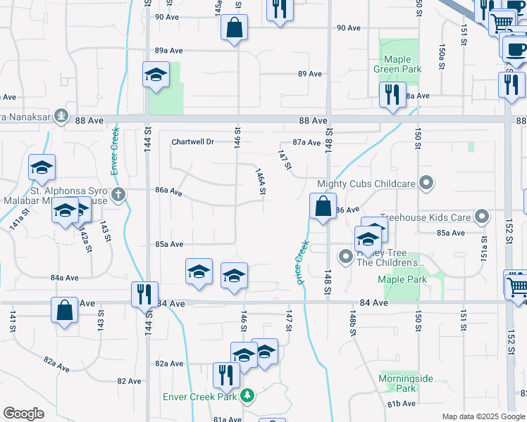 map of restaurants, bars, coffee shops, grocery stores, and more near 146A Street in Surrey
