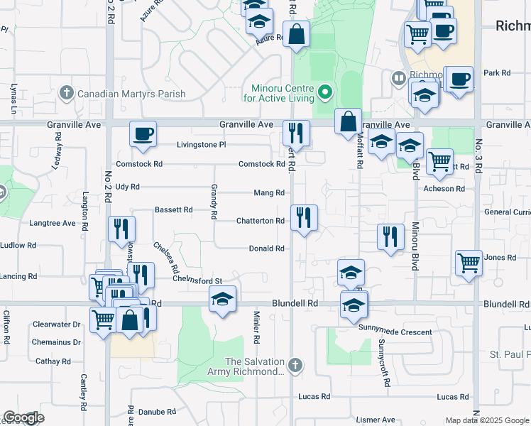 map of restaurants, bars, coffee shops, grocery stores, and more near 6711 Chatterton Road in Richmond