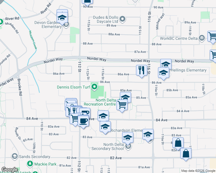 map of restaurants, bars, coffee shops, grocery stores, and more near 8561 113B Street in Delta