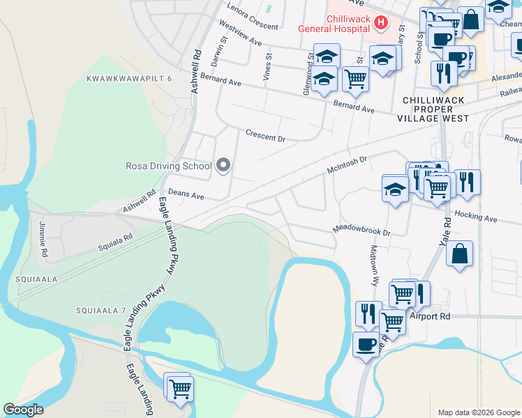 map of restaurants, bars, coffee shops, grocery stores, and more near 45347 Creekside Drive in Chilliwack