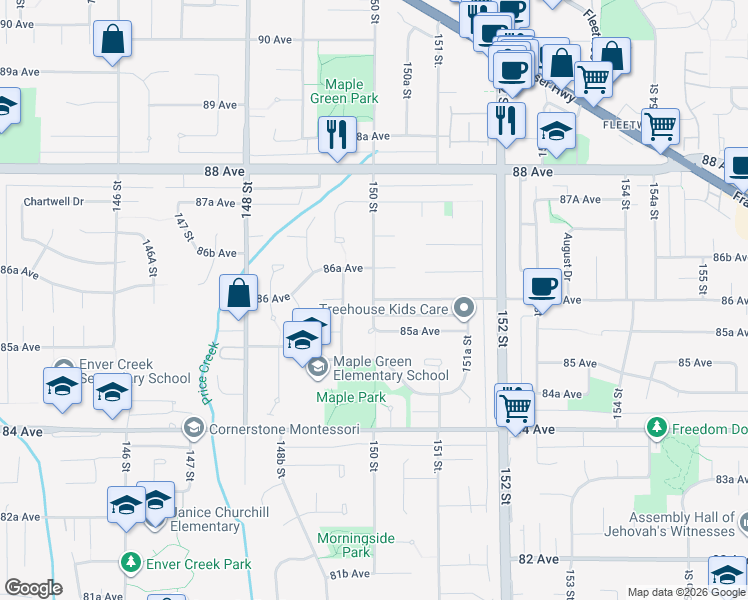 map of restaurants, bars, coffee shops, grocery stores, and more near 150 St & 86 Ave in Surrey