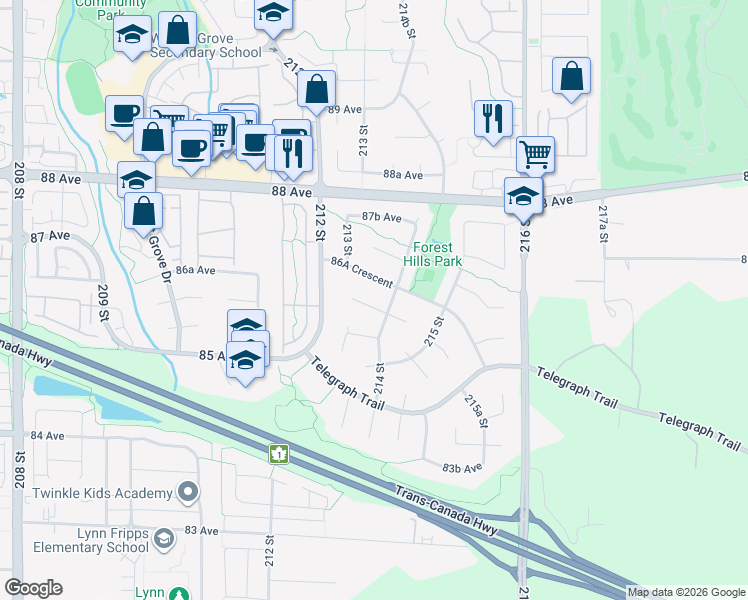 map of restaurants, bars, coffee shops, grocery stores, and more near 21371 86 Avenue in Langley Township