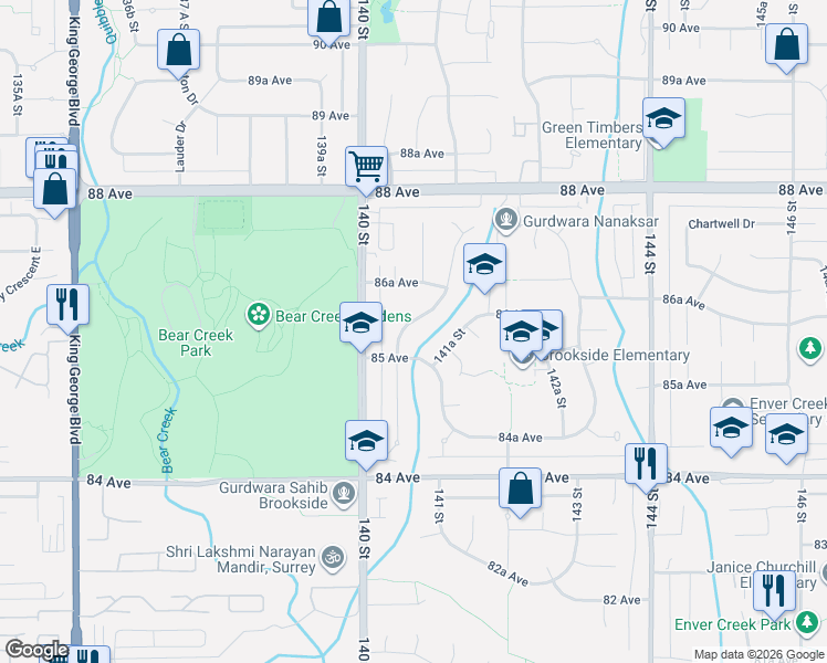 map of restaurants, bars, coffee shops, grocery stores, and more near 8588 141 Street in Surrey