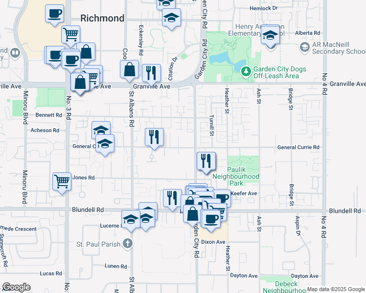 map of restaurants, bars, coffee shops, grocery stores, and more near in Richmond
