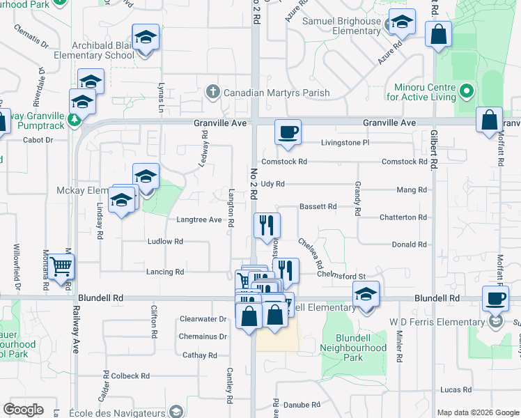 map of restaurants, bars, coffee shops, grocery stores, and more near 7260 Langton Road in Richmond