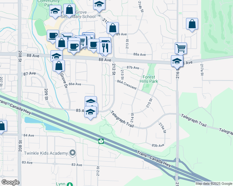 map of restaurants, bars, coffee shops, grocery stores, and more near 8594 212 Street in Langley Township