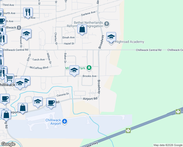 map of restaurants, bars, coffee shops, grocery stores, and more near 46545 Brooks Avenue in Chilliwack