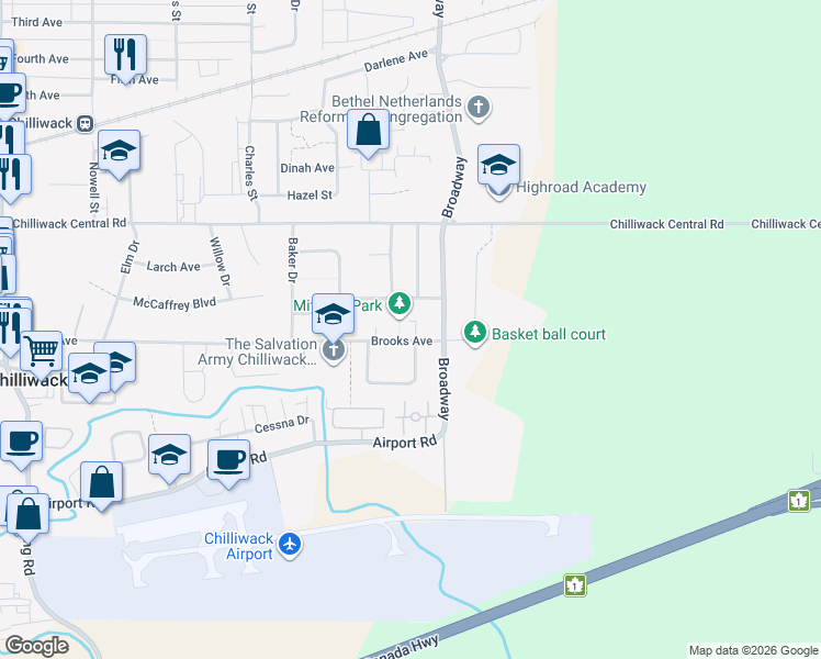 map of restaurants, bars, coffee shops, grocery stores, and more near 46545 Brooks Avenue in Chilliwack
