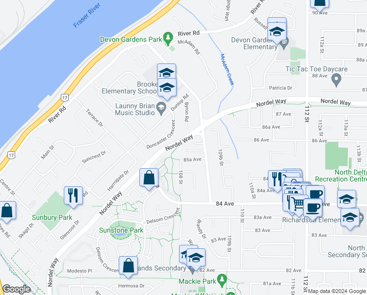 map of restaurants, bars, coffee shops, grocery stores, and more near 10815 85B Avenue in Delta