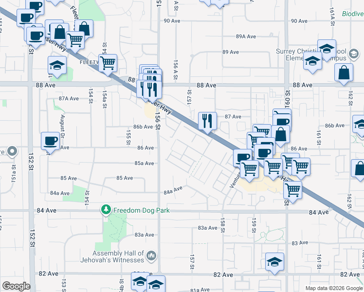map of restaurants, bars, coffee shops, grocery stores, and more near 15738 85 Avenue in Surrey
