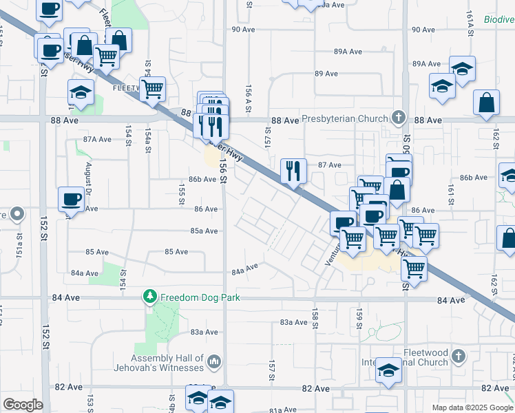 map of restaurants, bars, coffee shops, grocery stores, and more near 15738 85 Avenue in Surrey