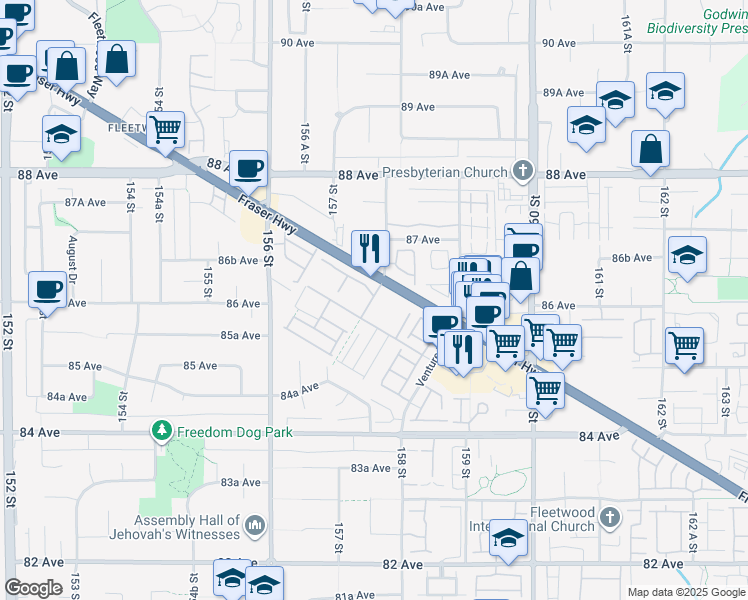map of restaurants, bars, coffee shops, grocery stores, and more near 15848 Fraser Highway in Surrey