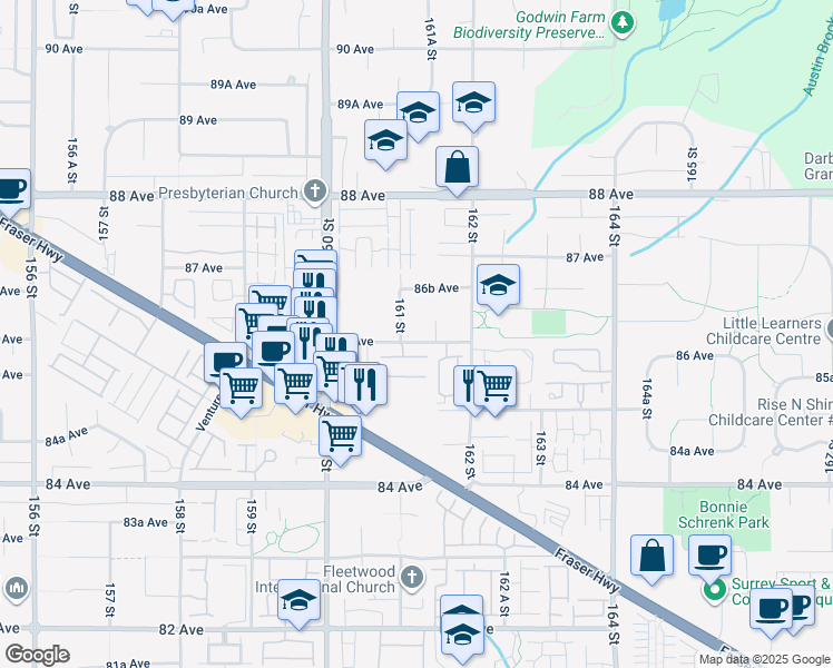 map of restaurants, bars, coffee shops, grocery stores, and more near 16123 86 Avenue in Surrey