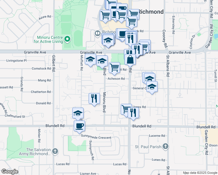 map of restaurants, bars, coffee shops, grocery stores, and more near 7380 Minoru Boulevard in Richmond