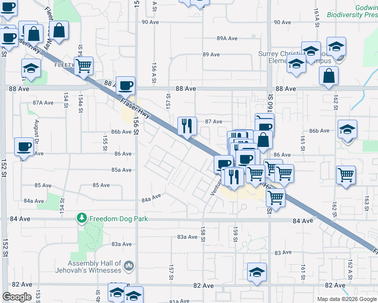 map of restaurants, bars, coffee shops, grocery stores, and more near 15848 Fraser Highway in Surrey