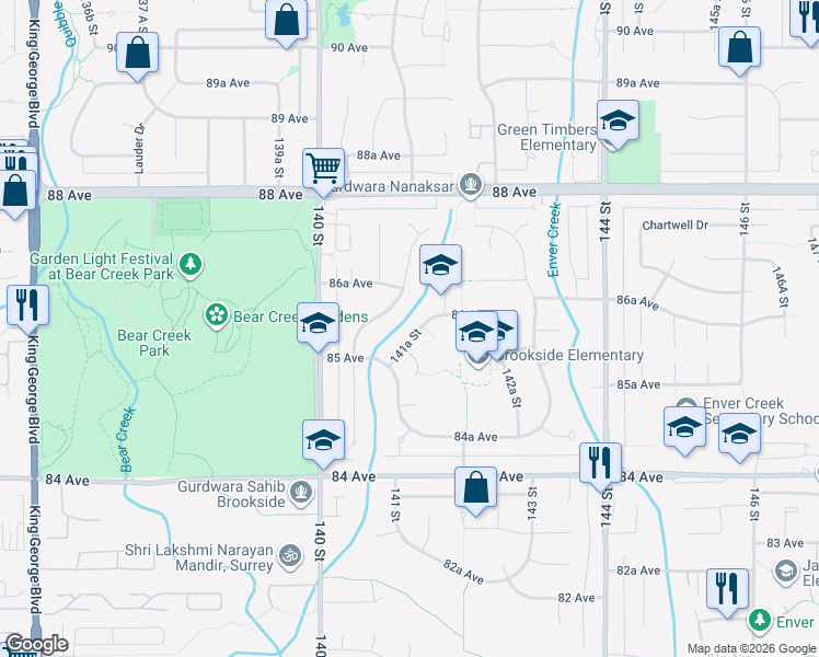 map of restaurants, bars, coffee shops, grocery stores, and more near 8569 141A Street in Surrey