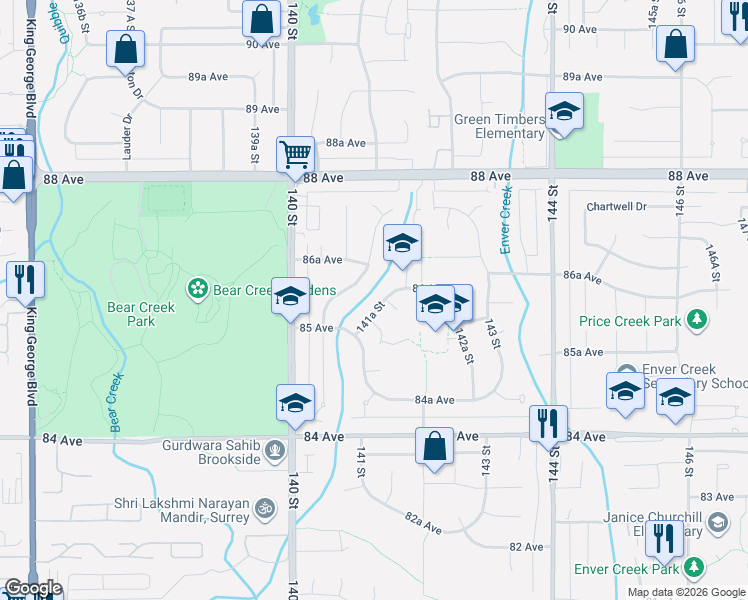map of restaurants, bars, coffee shops, grocery stores, and more near 8583 141A Street in Surrey