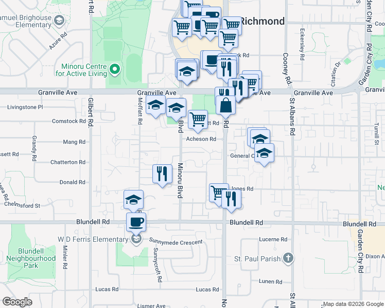 map of restaurants, bars, coffee shops, grocery stores, and more near 7360 Minoru Boulevard in Richmond