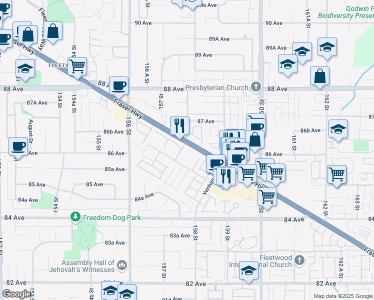 map of restaurants, bars, coffee shops, grocery stores, and more near 15848 Fraser Highway in Surrey