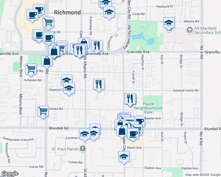 map of restaurants, bars, coffee shops, grocery stores, and more near 8711 General Currie Road in Richmond