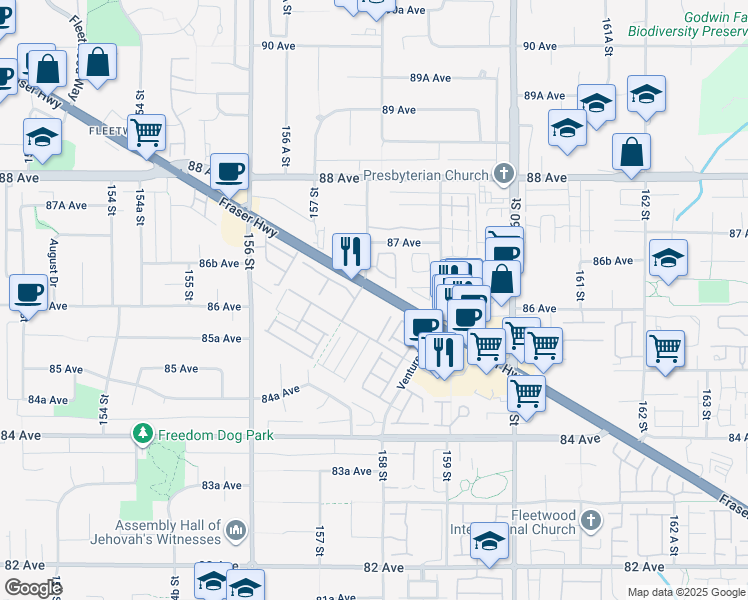 map of restaurants, bars, coffee shops, grocery stores, and more near 15858 Fraser Highway in Surrey