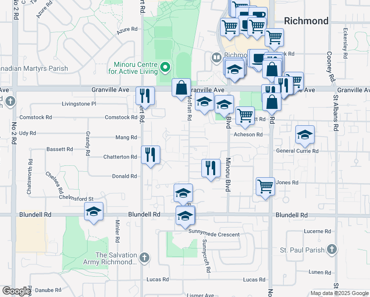 map of restaurants, bars, coffee shops, grocery stores, and more near 7371 Moffatt Road in Richmond