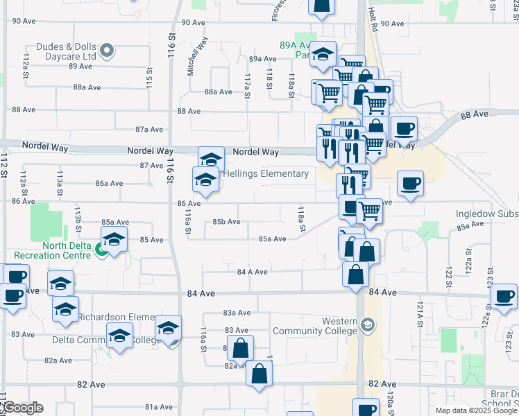 map of restaurants, bars, coffee shops, grocery stores, and more near 11776 86 Avenue in Delta