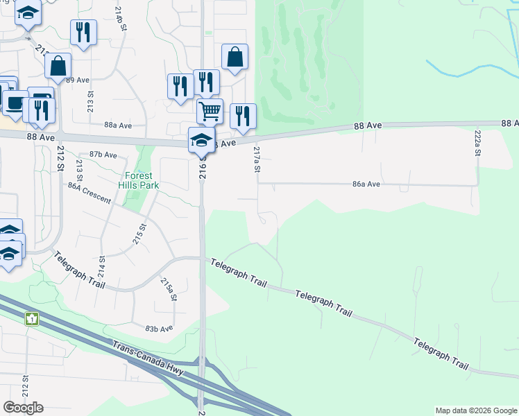 map of restaurants, bars, coffee shops, grocery stores, and more near 8618 217A Street in Langley Township