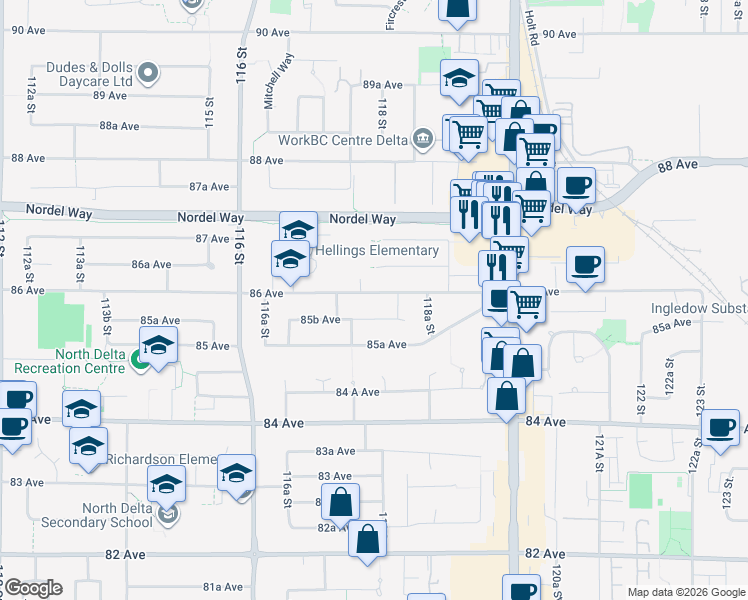 map of restaurants, bars, coffee shops, grocery stores, and more near 11786 86 Avenue in Delta